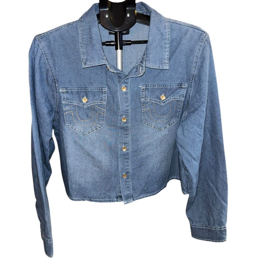 True Religion Western Denim Shirt Long‎ Sleeve Womens XL Medium Blue Wash Boho